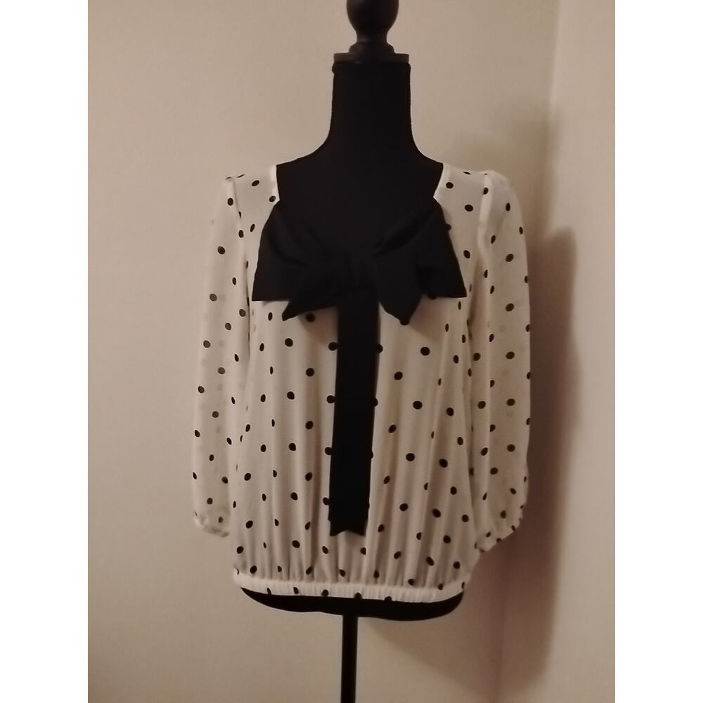 A Byer Womens Long Sleeve Polka Dot Blouse With Bowtie